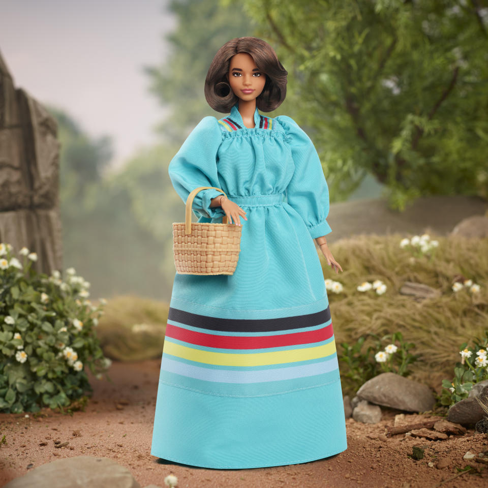 This photo provided by Mattel shows a Barbie doll of Wilma Mankiller. Toy maker Mattel is honoring the late legendary Cherokee leade with a Barbie doll as part of its "Inspiring Women" series. A ceremony honoring Mankiller's legacy is set for Dec. 5, 2023 in Tahlequah, where the tribe is based. Mankiller, who died in 2010, was the first female chief of a major Native American tribe and led the Cherokee Nation from 1985 to 1995. (Mattel via AP)