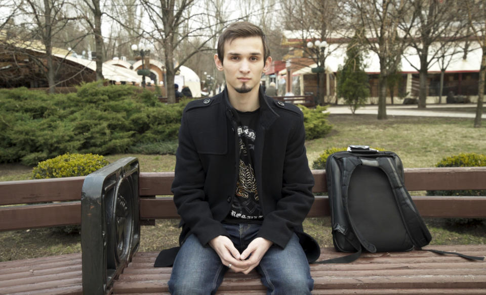 In this image made from video taken on Wednesday, March 27, 2019, university student Maxim Kaluga, 21, speaks to the Associated Press in Donetsk, Ukraine. Five years after a deadly separatist conflict broke out in eastern Ukraine, a generation of first-time voters in rebel-held Donetsk and Luhansk has been cut off from Ukraine's presidential election on Sunday, March 31. (AP photo)