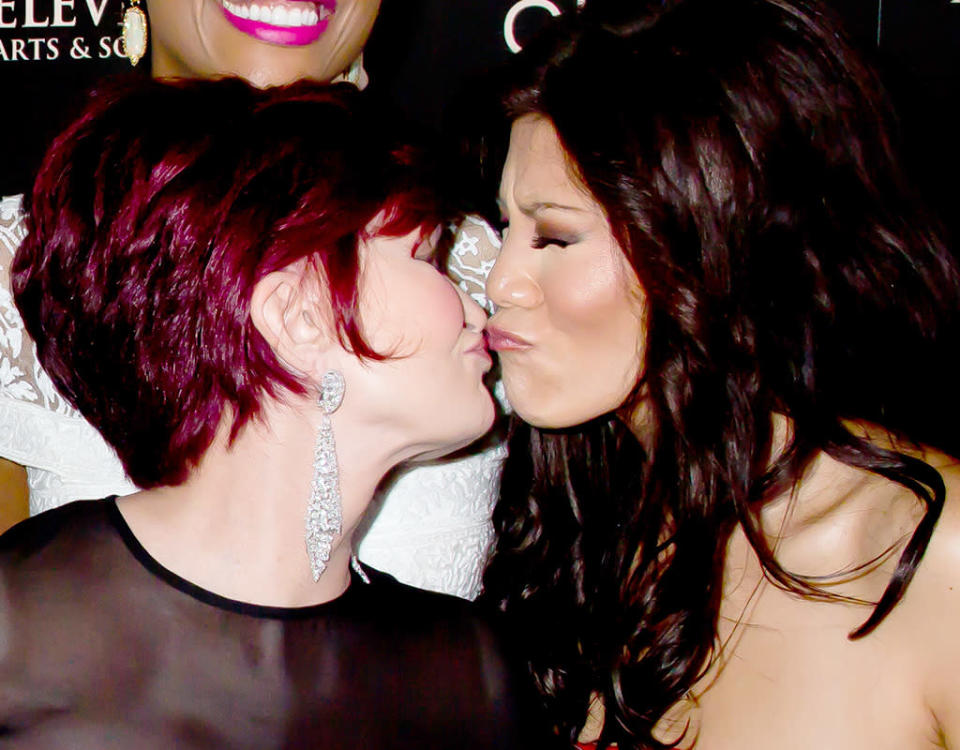 Sharon Osbourne gets out of control with the other hosts from The Talk as she arrives for the 40th Annual Daytime Emmy Awards at The Beverly Hills Hotel in Beverly Hills, CA