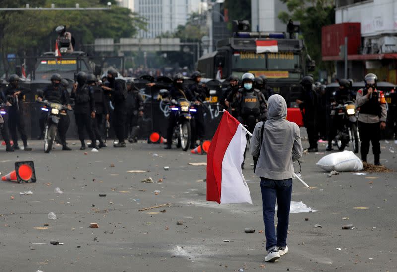 Protesters demand for a polarising new labour law to be repealed in Jakarta, Indonesia