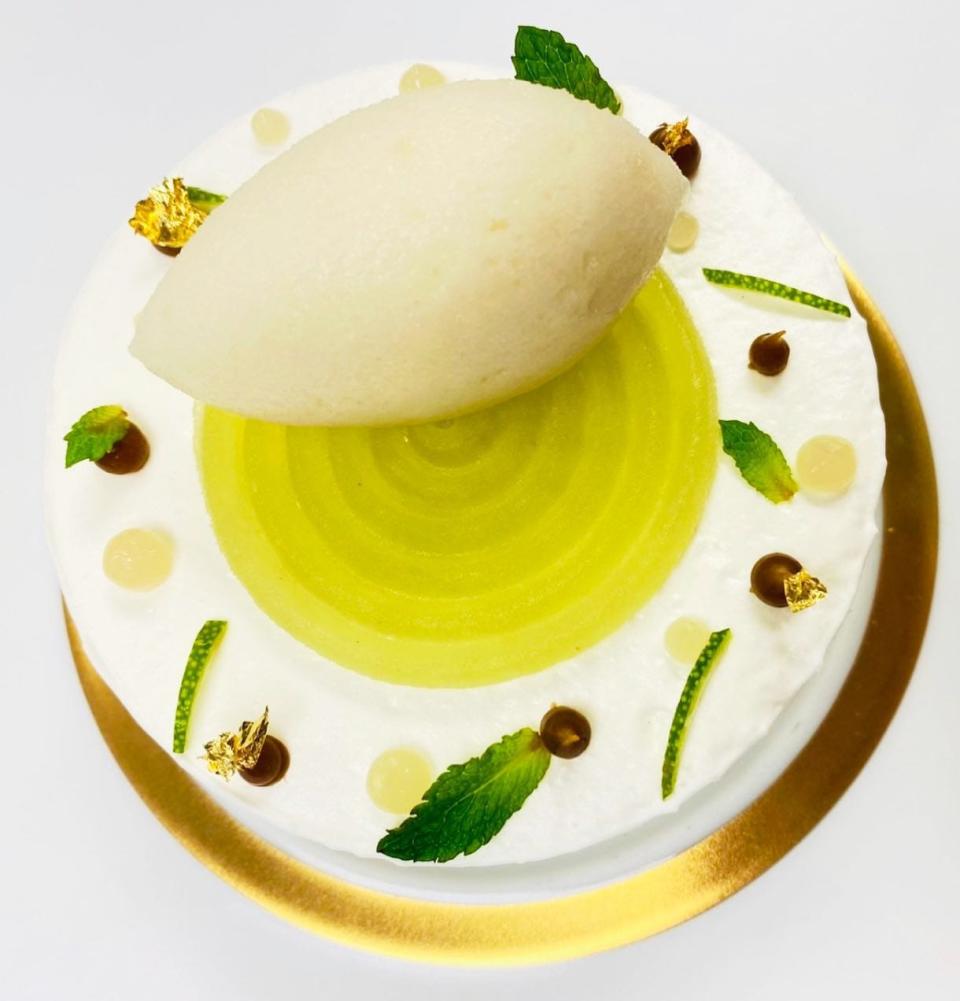 Cafe Boulud's mojito cheesecake with Key lime sorbet.