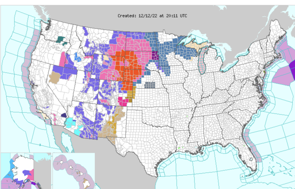 Blizzard and winter storm warnings are in place for 10 million people across more than 12 states on Monday (National Westher Service)