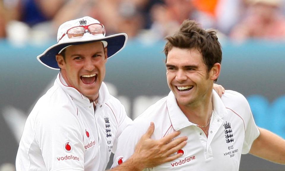 Andrew Strauss in his playing days with Jimmy Anderson, celebrating a wicket during the 2009 Ashes