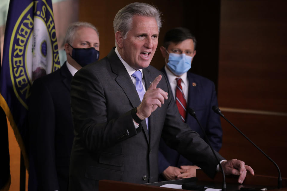 House Minority Leader Kevin McCarthy talks to reporters following House Republican conference leadership elections on Tuesday. (Chip Somodevilla/Getty Images)