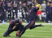 Dec 2, 2018; Houston, TX, USA; Houston Texans kicker Ka'imi Fairbairn (7) kicks a field goal during the second quarter against the Cleveland Browns at NRG Stadium. Mandatory Credit: John Glaser-USA TODAY Sports