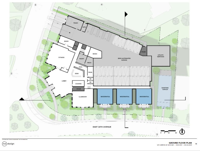 Digital rendering of the ground-floor plan of an apartment complex proposed for the site of Summit United Methodist Church near Ohio State University. (Photo Courtesy/MA Design and UP Campus Properties via University Impact District Review Board)