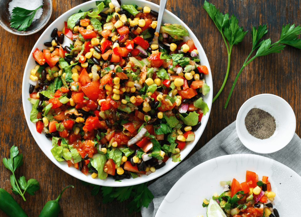 A hefty portion of a vegan taco salad that is simple to make.