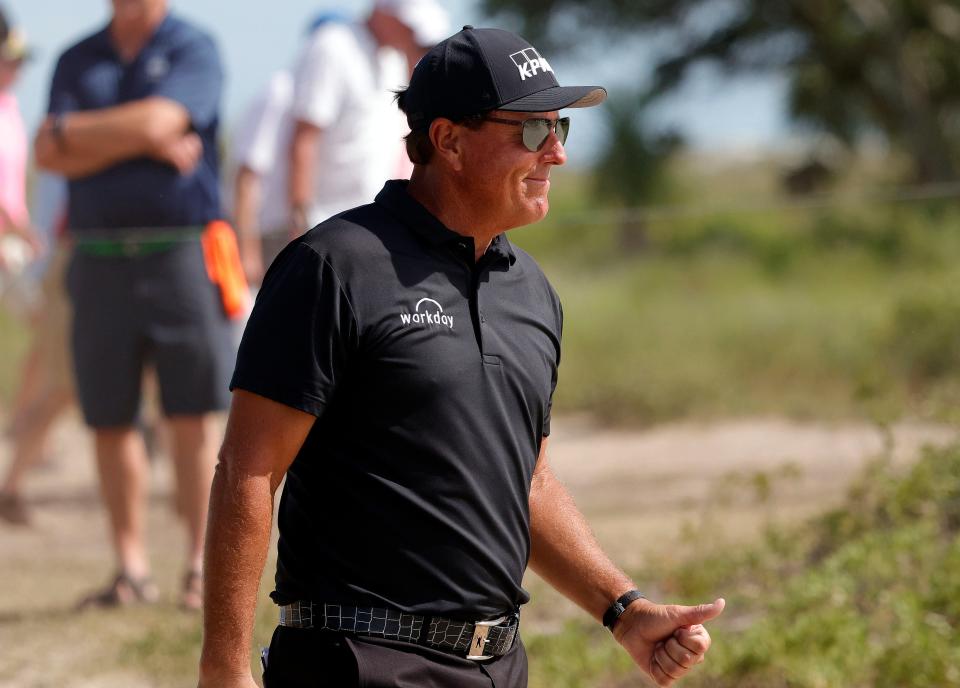 Phil Mickelson leads the PGA Championship after three rounds.