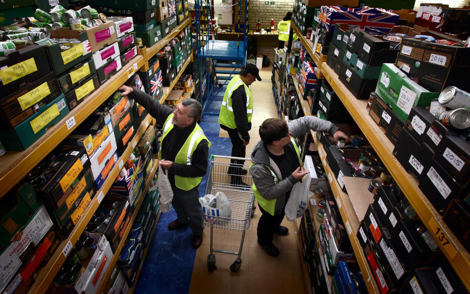 Volunteers at the Black Country Food Bank prepare food parcels for vulnerable individuals and families at their base in Halesowen today.   (Photo by David Jones/PA Images via Getty Images)