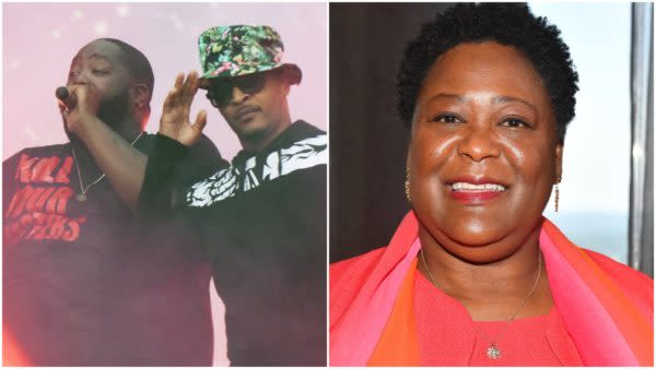 Killer Mike and T.I. respond to Felicia Moore after she accusing them of ruining her campaign. Photo by Chris McKay/Getty Images for Live Nation, Paras Griffin/Getty Images