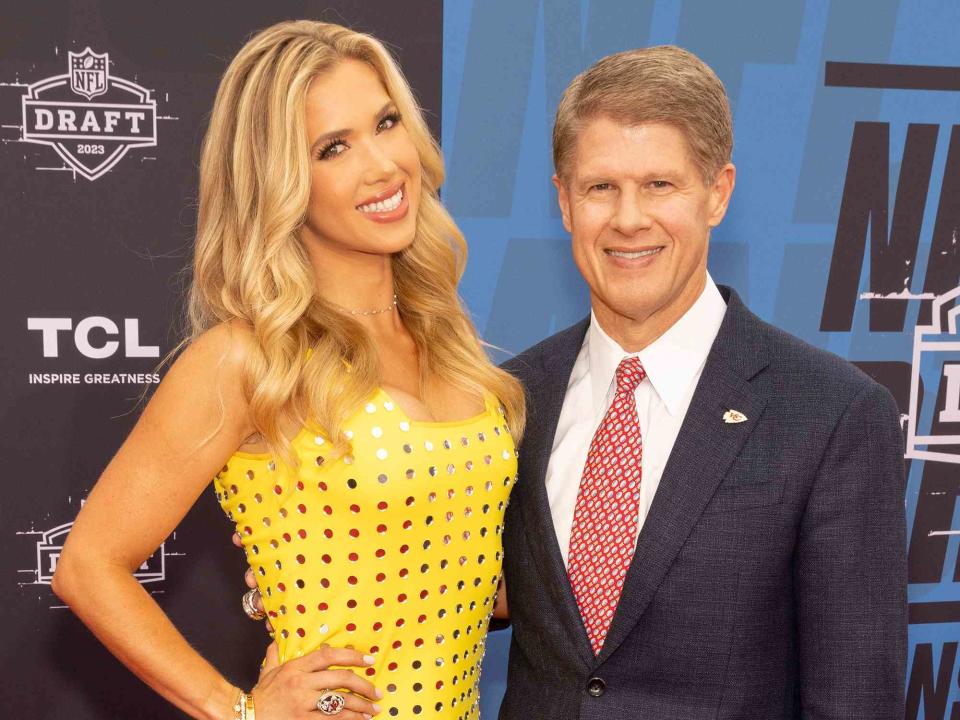 <p>Barry Brecheisen/Getty </p> Gracie Hunt and her dad Clark Hunt during the NFL Draft Red Carpet at the National WWI Museum and Memorial on April 27, 2023 in Kansas City, Missouri. 