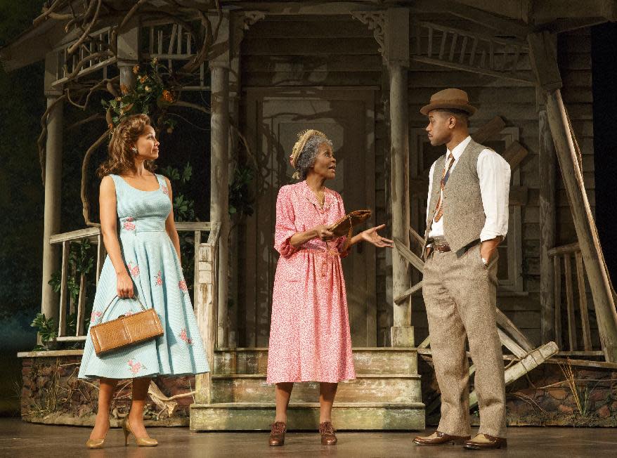 This theater publicity image released by The Hartman Group shows Vanessa Williams, left, Cicely Tyson, center, and Cuba Gooding Jr., during a performance of "The Trip to Bountiful" at the Stephen Sondheim Theatre in New York. (AP Photo/The Hartman Group, Joan Marcus)