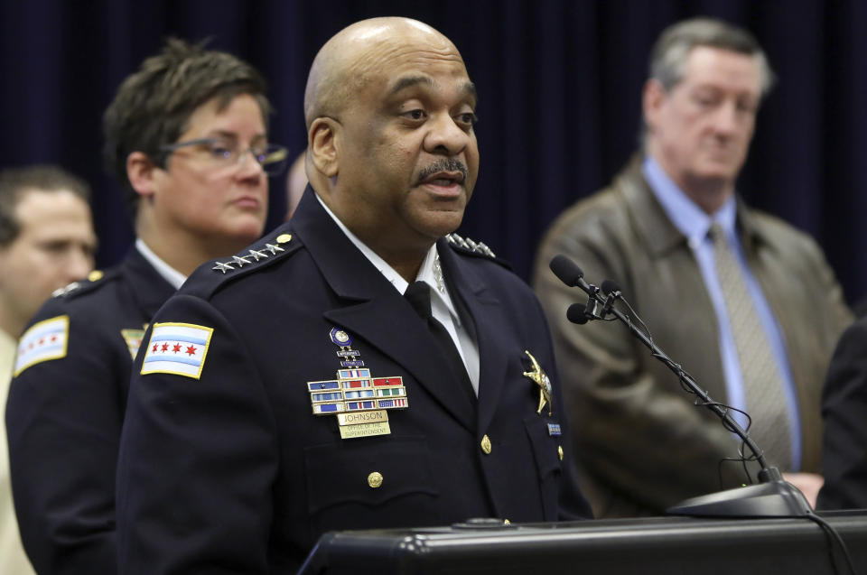 Chicago Police Supt. Eddie Johnson speaks during a press conference at CPD headquarters, Thursday, Feb. 21, 2019, in Chicago, after actor Jussie Smollett turned himself in on charges of disorderly conduct and filing a false police report. The "Empire" staged a racist and homophobic attack because he was unhappy about his salary and wanted to promote his career, Johnson said Thursday. (AP Photo/Teresa Crawford)