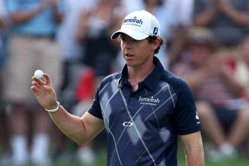 CARMEL, IN - SEPTEMBER 07: Rory McIlroy of Northern Ireland reacts after he made a birdie putt on the second hole during the second round of the BMW Championship at Crooked Stick Golf Club on September 7, 2012 in Carmel, Indiana. (Photo by Warren Little/Getty Images)