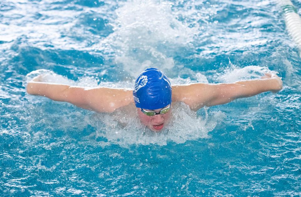 Maximilian Little, of Booker T. Washington High School, competes in the Boys 200 Yard IM during the 3A District 1 Championship swim meet at the University of West Florida in Pensacola on Friday, Oct. 27, 2023.