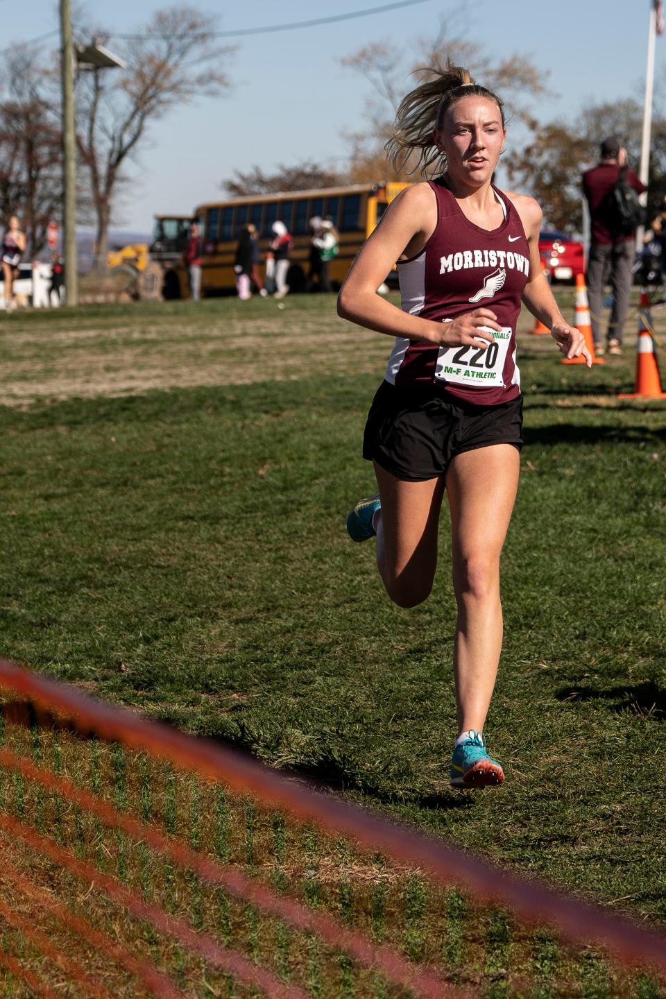 The State Sectional Cross-Country championships are held in Woodland Park, NJ on Saturday October 29, 2022. Grace DelGiorno with Morristown High School comes in second in the group four girls race. 
