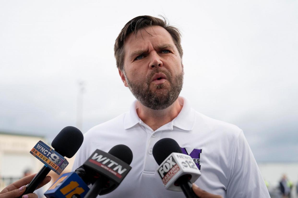 PHOTO: Republican vice presidential nominee, Sen. J.D. Vance speaks with media at the airport before he departs, Sept. 14, 2024, in Greenville, N.C.  (Allison Joyce/Getty Images)