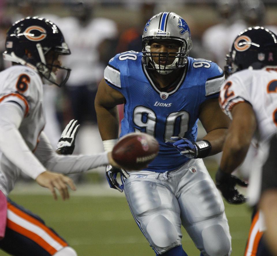 Lions defensive lineman Ndamukong Suh rushes against Bears QB Jay Cutler during first-half action on Monday, Oct. 10, 2011, at Ford Field.