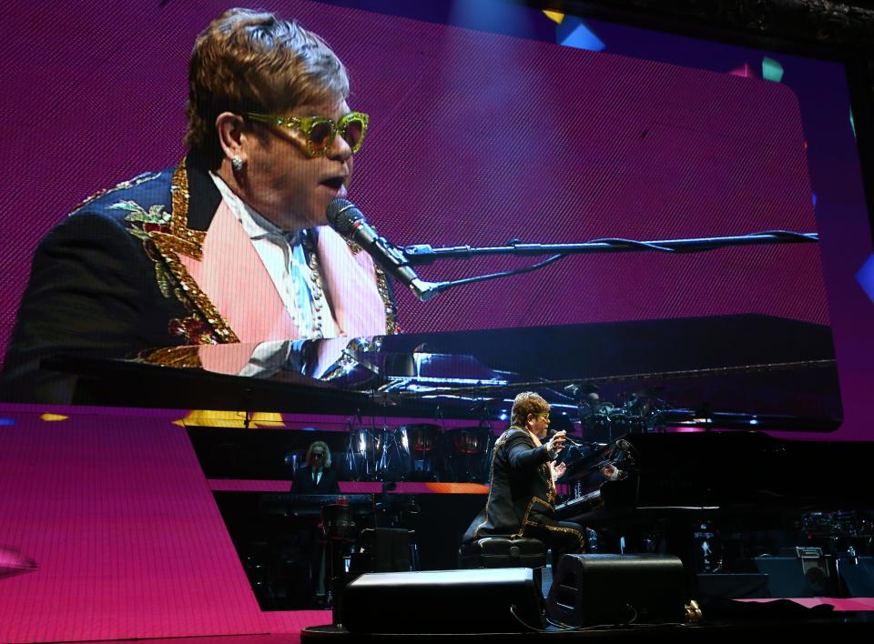 Elton John performs during his "Farewell Yellow Brick Road Tour" at Gila River Arena on Jan. 26, 2019 in Glendale, Arizona.