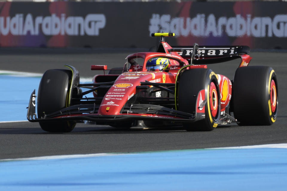 British Ferrari driver Oliver Bearman leaves pits during the third practice session ahead of the Formula One Saudi Arabian Grand Prix at the Jeddah Corniche Circuit in Jeddah, Saudi Arabia, Friday, March 8, 2024. Saudi Arabian Grand Prix will be held on Saturday, March 9, 2024. (AP Photo/Darko Bandic)