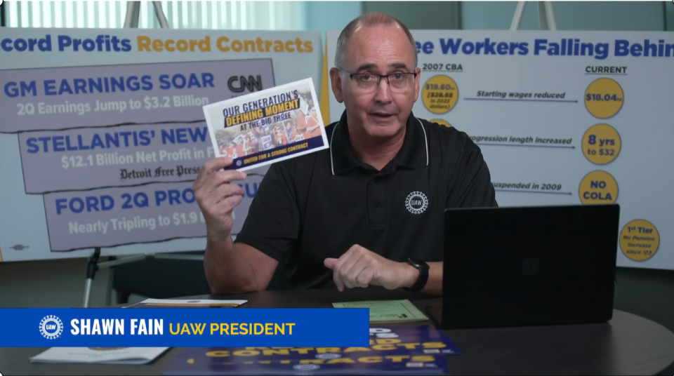UAW President Shawn Fain reveals "audacious" and "ambitious" member demands for the 2023 contract negotiations during a Facebook live meeting on Tuesday, August 1, 2023.