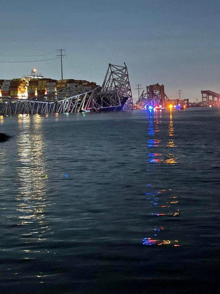 A view of the Singapore-flagged container ship 'Dali' after it collided with a pillar of the Francis Scott Key Bridge in Baltimore, Maryland, U.S., in this picture released on March 26, 2024.