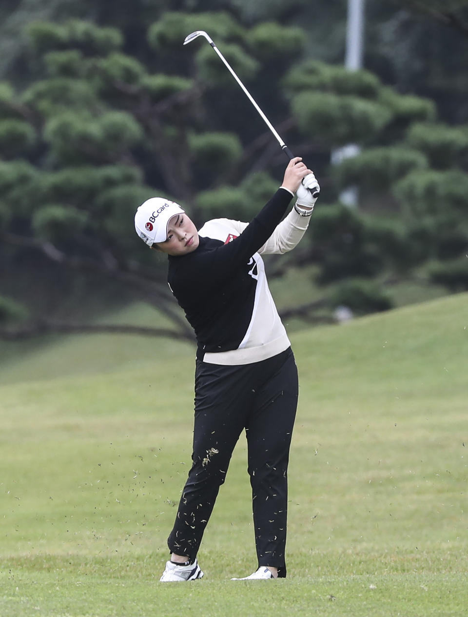 Ha Na Jang of South Korea watches her shot on the ninth hole during the first round of the BMW Ladies Championship at LPGA International Busan in Busan, South Korea, Thursday, Oct. 21, 2021. (Kang Duk-chul/Yonhap via AP)