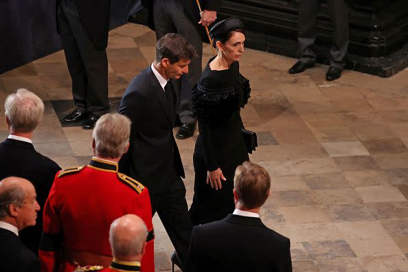 LONDON, ENGLAND - SEPTEMBER 19: New Zealand's Prime Minister Jacinda Ardern and Clarke Gayford arrive for the State Funeral of Queen Elizabeth II at Westminster Abbey on September 19, 2022 in London, England. Elizabeth Alexandra Mary Windsor was born in Bruton Street, Mayfair, London on 21 April 1926. She married Prince Philip in 1947 and ascended the throne of the United Kingdom and Commonwealth on 6 February 1952 after the death of her Father, King George VI. Queen Elizabeth II died at Balmoral Castle in Scotland on September 8, 2022, and is succeeded by her eldest son, King Charles III. (Photo by Phil Noble - WPA Pool/Getty Images)