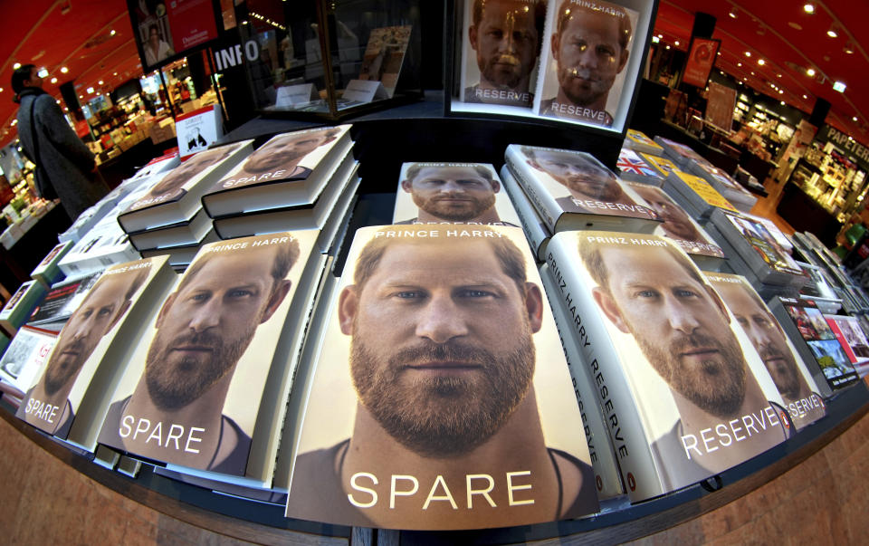 FILE - Copies of the new book by Prince Harry called "Spare" are displayed at a book store in Berlin, Germany, Tuesday, Jan. 10, 2023. (AP Photo/Michael Sohn, File)