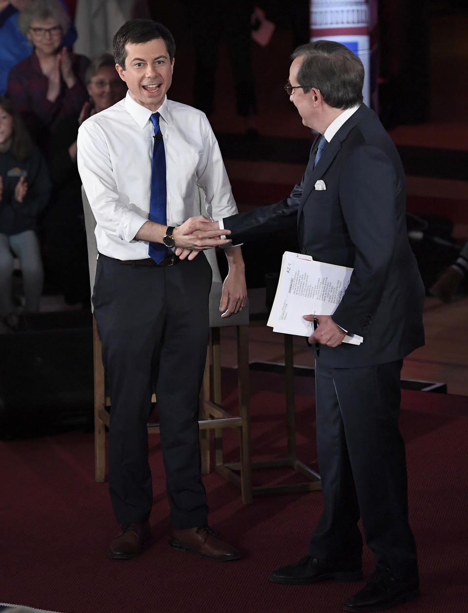 Democratic presidential candidate South Bend, Ind., Mayor Pete Buttigieg, left, shakes hands with moderator Chris Wallace as he is introduced during a FOX News Channel town hall, Sunday, May 19, 2019, in Claremont, N.H. (AP Photo/Jessica Hill)