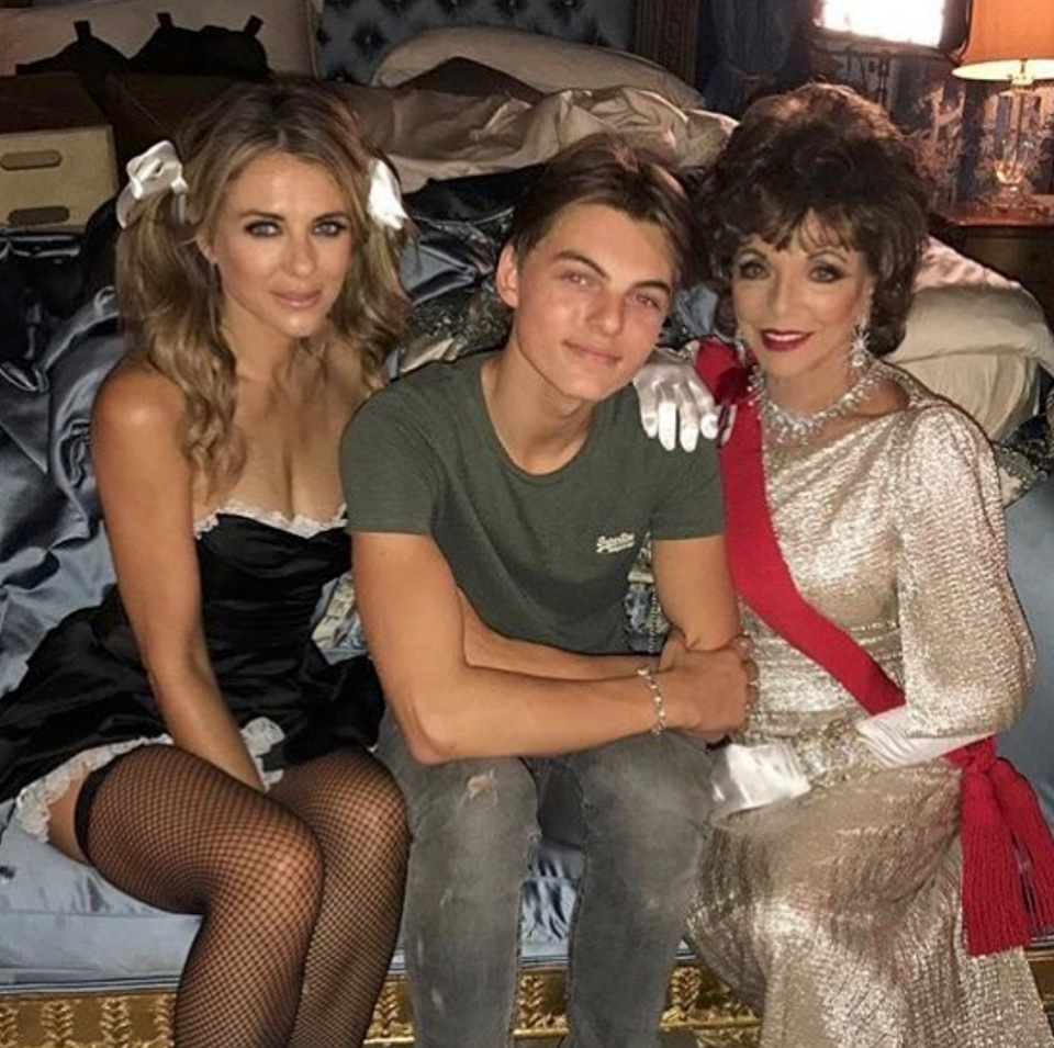 <p>Hurley was called out for dressing “inappropriately” around her teenage son in this shot from the set of her show, <i>The Royals.</i> (Photo:elizabethhurley1 via Instagram) </p>