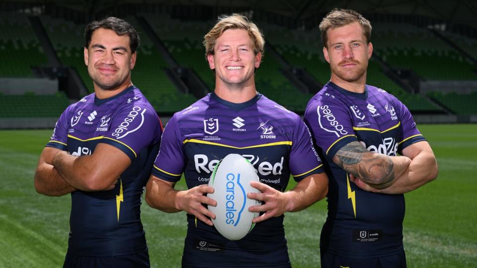 Melbourne Storm's Jahrome Hughes, Harry Grant and Cameron Munster.