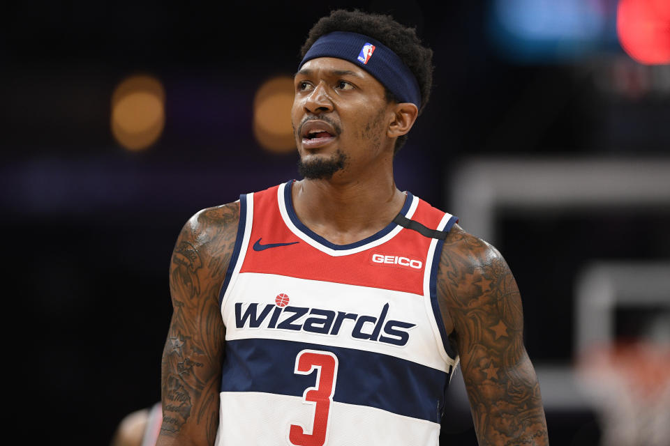 Washington Wizards guard Bradley Beal (3) stands on the court during the first half of an NBA basketball game against the Miami Heat, Sunday, March 8, 2020, in Washington. (AP Photo/Nick Wass)