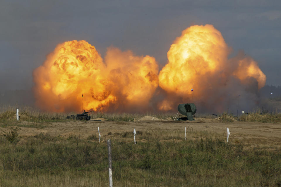 FILE - In this photo released by the Russian Defense Ministry Press Service, flames rise over the Mulino training ground in the Nizhny Novgorod region during the joint strategic exercise of the armed forces of the Russian Federation and the Republic of Belarus Zapad-2021 in the Nizhny Novgorod region, Russia, on Sept. 11, 2021. Ukrainian and Western officials are worried that a Russian military buildup near Ukraine could signal plans by Moscow to invade its ex-Soviet neighbor. The Kremlin insists it has no such intention and has accused Ukraine and its Western backers of making the claims to cover up their own allegedly aggressive designs. (Vadim Savitskiy/Russian Defense Ministry Press Service via AP, File)