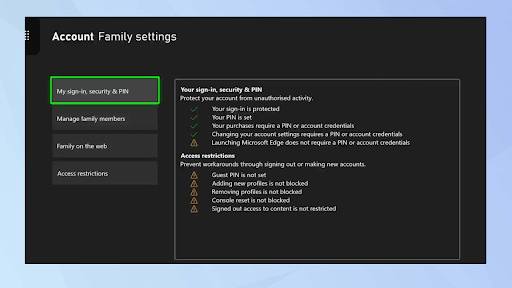 An Xbox screen displaying how to set up parental controls