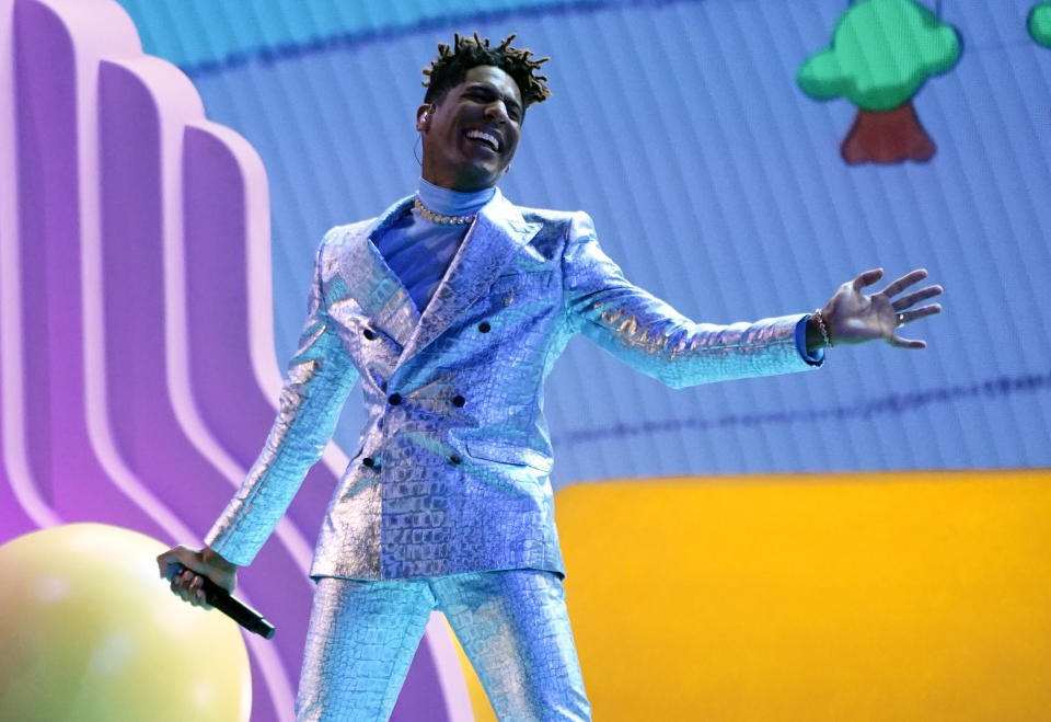 Jon Batiste performs "Freedom" at the 64th Annual Grammy Awards on Sunday, April 3, 2022, in Las Vegas. (AP Photo/Chris Pizzello)