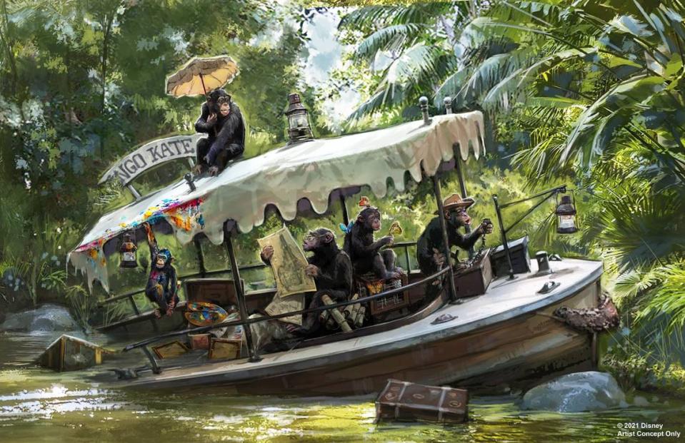 Disney released concept art for updates coming to the Jungle Cruise attraction at Disneyland and Walt Disney World, including this scene of chimps taking over a boat. No more stereotypical Indigenous people holding shrunken heads.