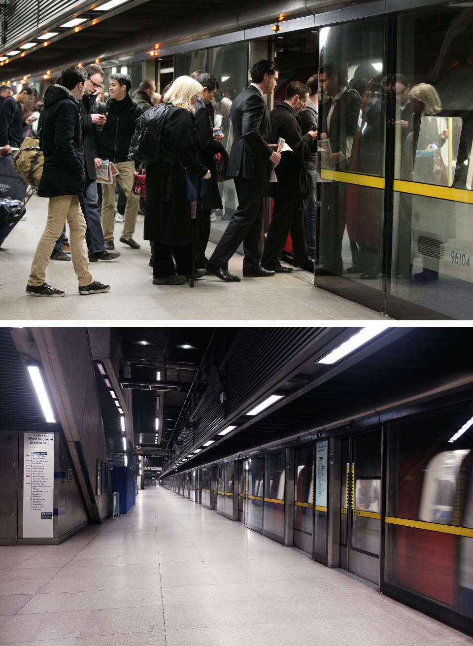 A composite image of London's Canary Wharf Jubilee Line platform on 31/01/13 (top), and on Tuesday 24/03/20 (bottom), the day after Prime Minister Boris Johnson put the UK in lockdown to help curb the spread of the coronavirus.