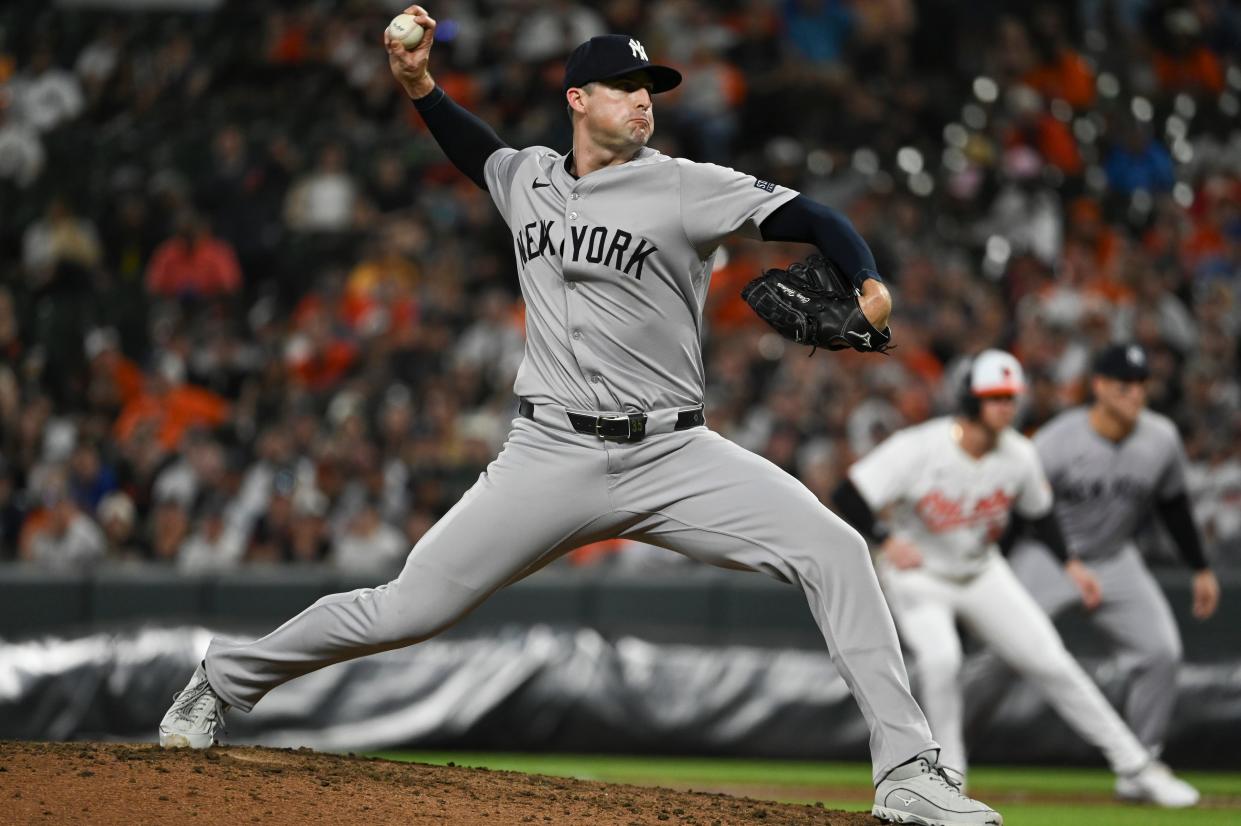 May 1, 2024; Baltimore, Maryland, USA; New York Yankees pitcher Clay Holmes (35) throws a ninth inning pitch against the Baltimore Orioles at Oriole Park at Camden Yards. Mandatory Credit: Tommy Gilligan-USA TODAY Sports