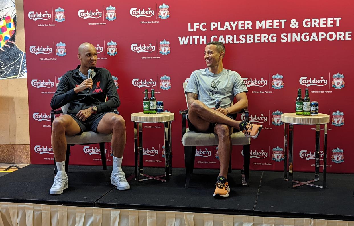 Liverpool stalwarts Fabinho (left) and Thiago Alcantara during a fans meet-and-greet session by Carlsberg in Singapore. (PHOTO: Jay Chan/Yahoo News Singapore)