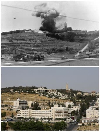 A combination picture shows Arab legion positions seen under fire to clear way for Israeli units to takeover the hills surrounding the Jerusalem's Old City during the 1967 Middle East War, in this Government Press Office handout photo, taken June 6, 1967 (top) and the view of the East Jerusalem neighbourhood of Wadi al-Joz in the foreground and Mount of Olives in the background May 14, 2017. REUTERS/Government Press Office/Handout via Reuters (top)/Ronen Zvulun