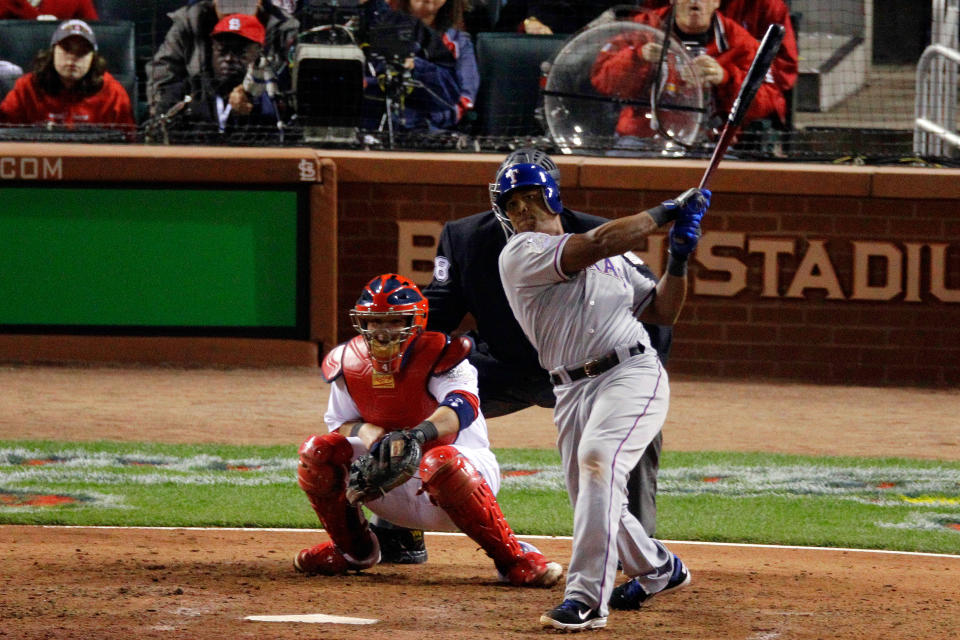 2011年Adrian Beltre在世界大賽第六戰中敲出超前陽春砲。（MLB Photo by Rob Carr/Getty Images）