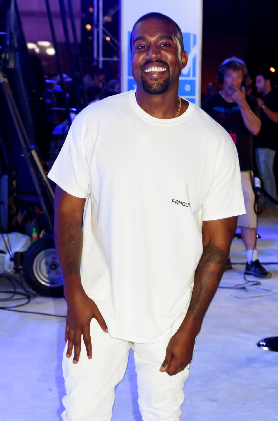 <p>The singer’s all-white ensemble included a T-shirt discreetly featuring his song “Famous.” </p><p><i>(Photo: Getty Images)</i><br></p>