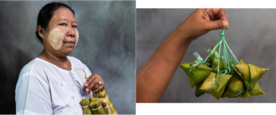 Swe Aung, 48, poses with her snack that's wrapped with leaves. On the right, a snack made with sticky rice packed with wrapped leaves. However, to be more convenient, they are tied with plastic to hold them together. (Photo: Hkun Lat for HuffPost)