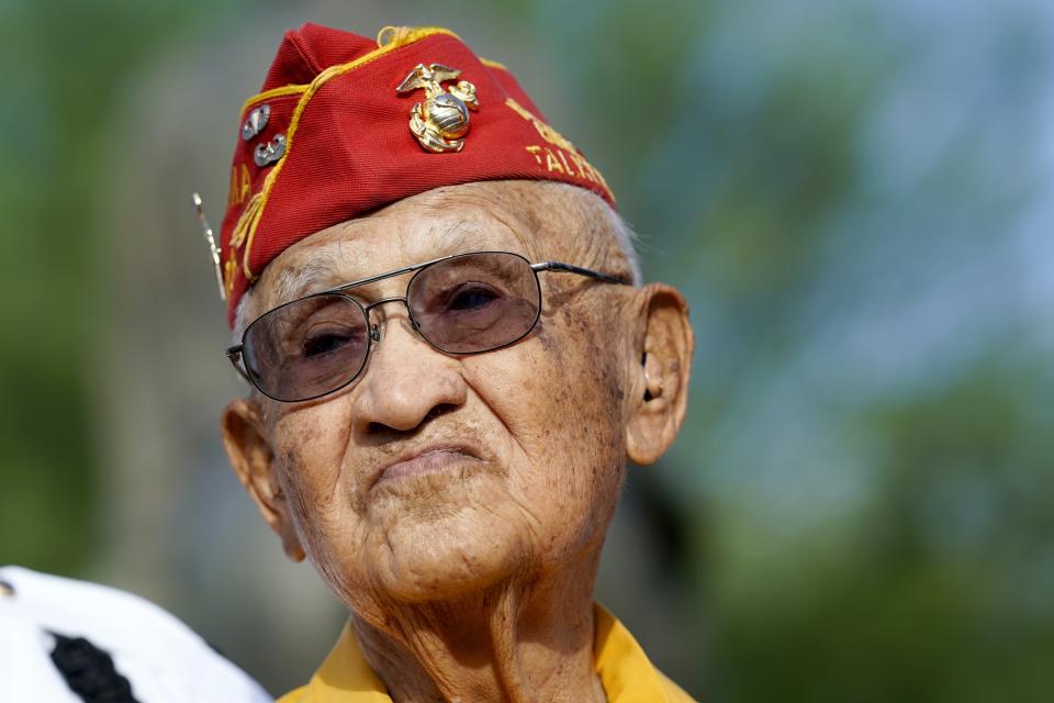 Navajo Code Talker Thomas Begay pauses for a moment at the Arizona State Navajo Code Talkers Day ceremony, Sunday, Aug. 14, 2022, in Phoenix. (AP Photo/Ross D. Franklin)