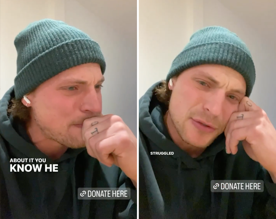 Konrad Bien-Stephen crying on his Instagram Stories.