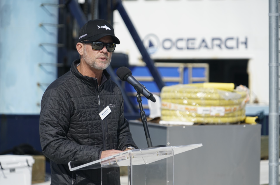Chris Fischer, founder of the shark research group Ocearch, addresses the audience Nov. 27 at the new homeport in Mayport where the ship was about to begin its 46th expedition.