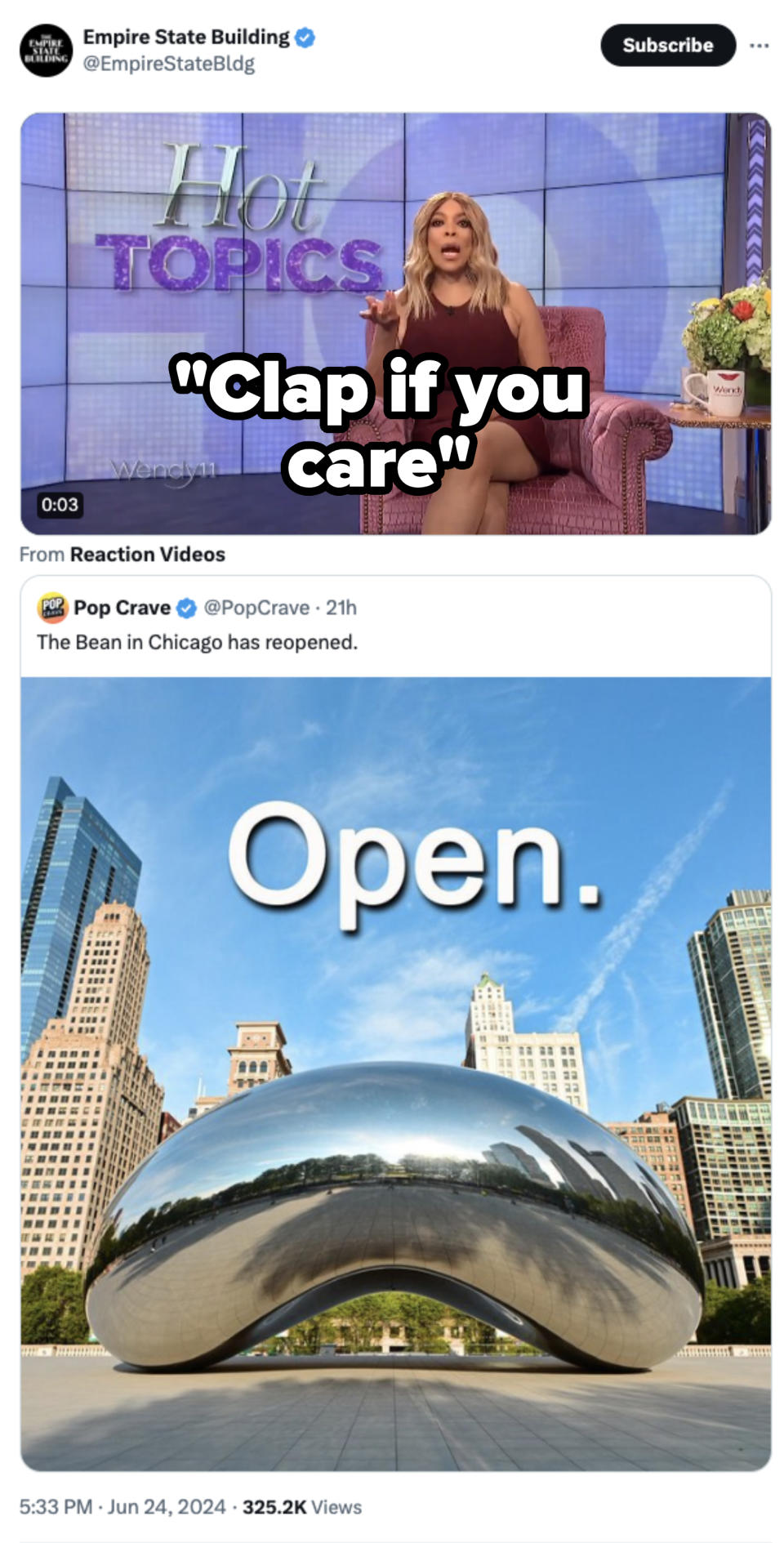 Wendy Williams in a burgundy dress on her show "Hot Topics." Below, an image of Cloud Gate in Chicago with the text "Open."