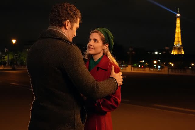 <p>Great American Media</p> Matthew Morrison and Jen Lilley in 'A Paris Christmas Waltz'