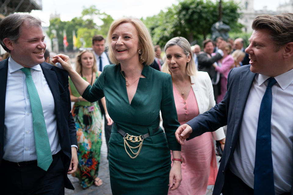 Foreign Secretary and Tory leadership candidate, Liz Truss celebrates with her supporters in the Houses of Parliament after making it along with Rishsi Sunak to the final two candidates to be Prime minister, London. Picture date: Wednesday July 20, 2022.